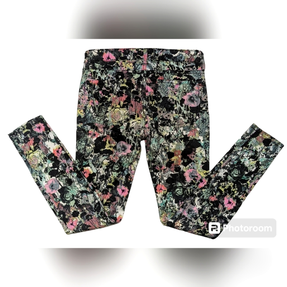 Bebe Icon Black Floral Print Skinny Jeans 26 Low Rise Whimsigoth Grunge